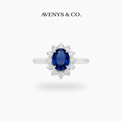 Classic Halo Ring with Blue Oval Stone – on White Gold