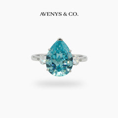 Pear Trilogy Ring with Aquamarine Pear Stone – on White Gold