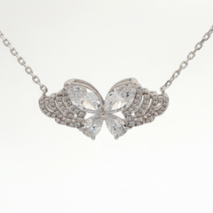 White Gold Plated Silver Butterfly Charm Necklace with Pear Cut Diamonds