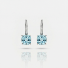 Princess Drop Earring with Aquamarine Princess Stone – on White Gold