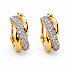 Interlaced Pave Hoop Earrings with White Round Stone - on Yellow Gold