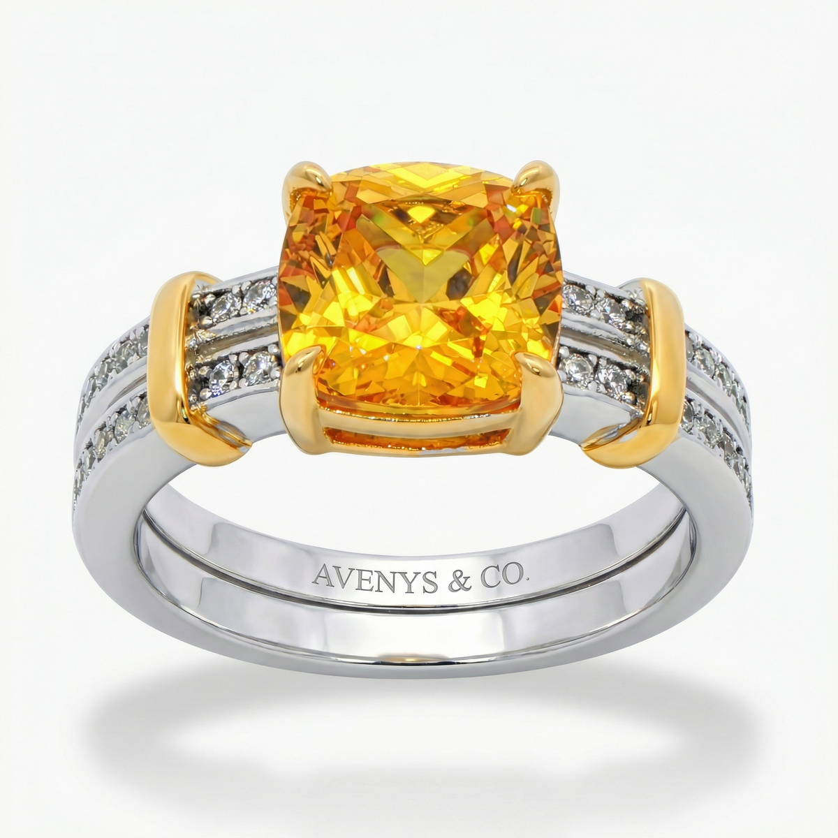 Double Bar Ring with Yellow Cushion Stone – on White Gold