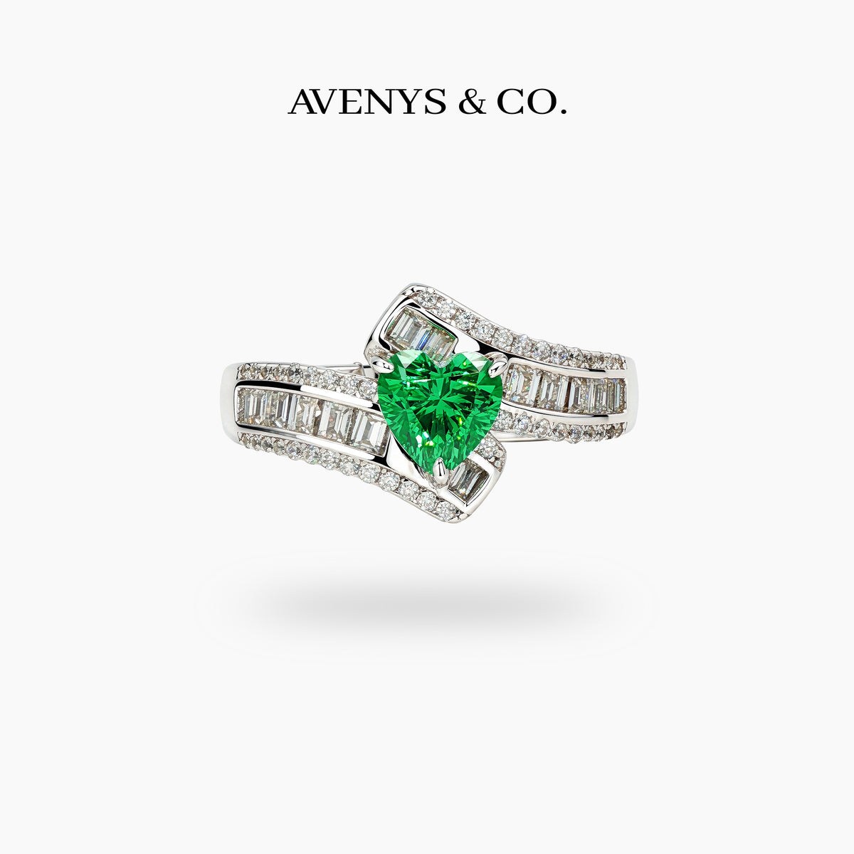 Bypass Pave Ring with Green Heart Stone – on White Gold