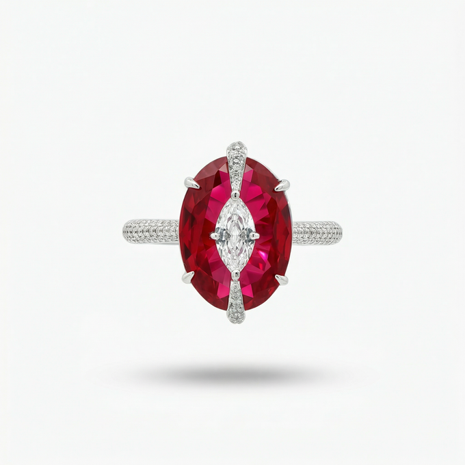 Embrace Queens Ring with Red Oval Stone – on White Gold