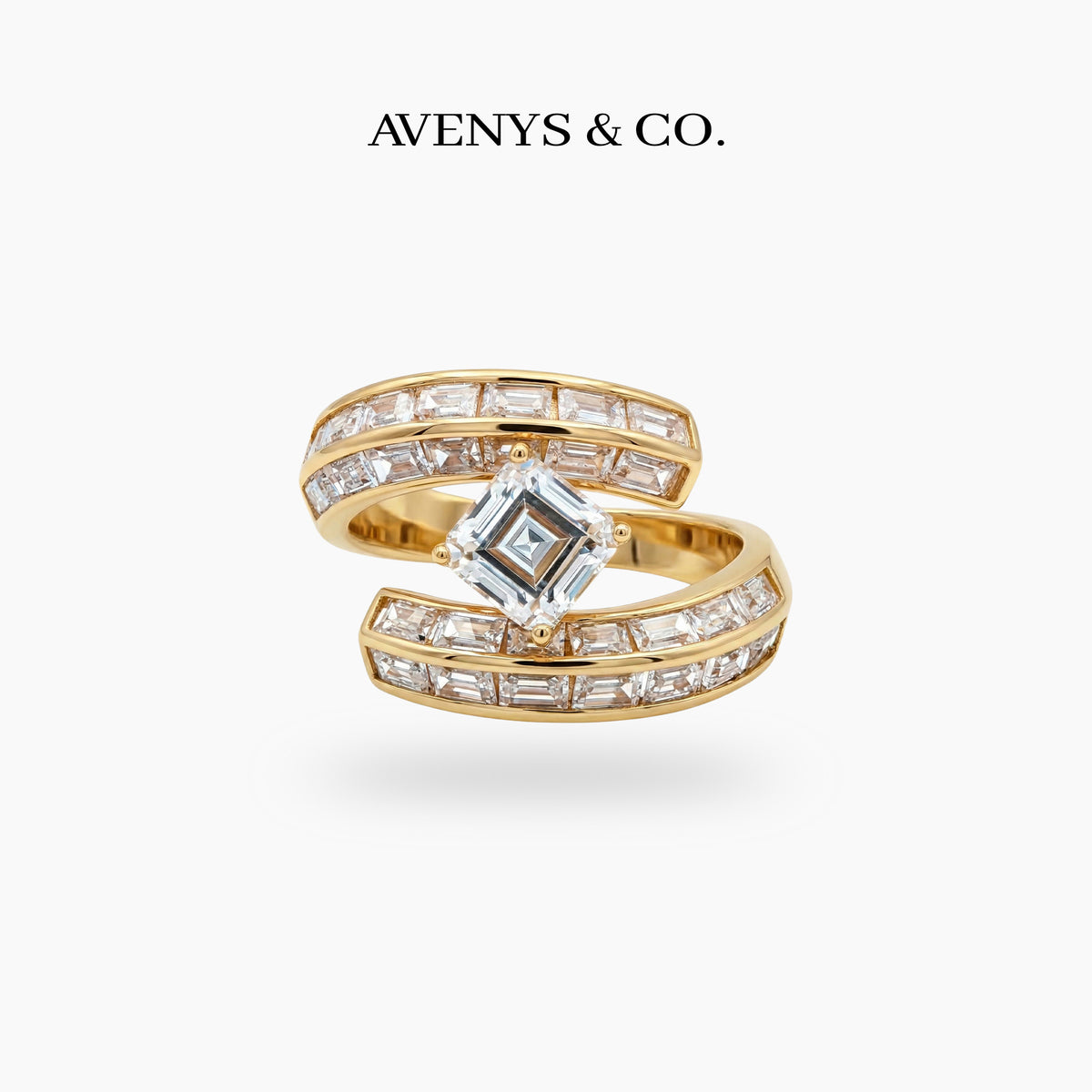 Bypass Baguette Ring with White Asscher Stone – on Yellow Gold