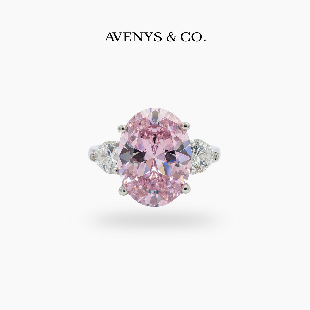 Oval Trilogy Pear Ring with Pink Oval Stone – on White Gold