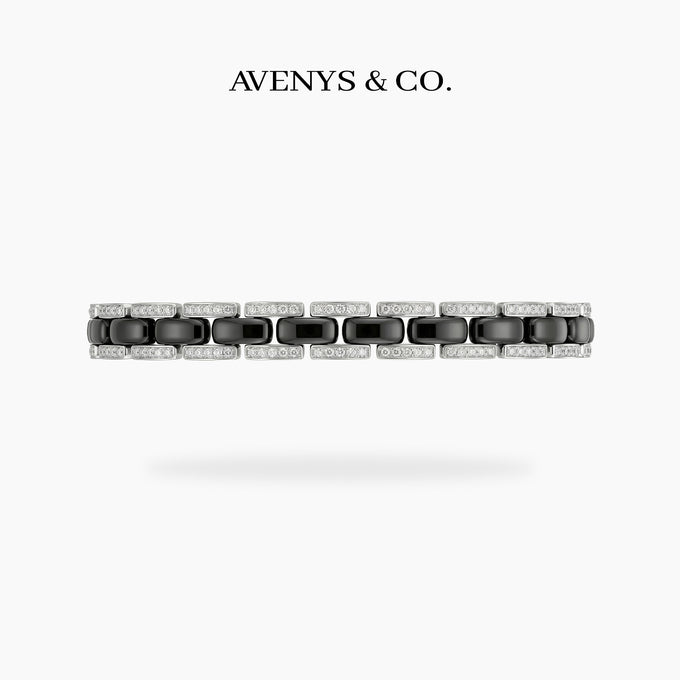 Connected Bracelet with Black Round Stone – on White Gold