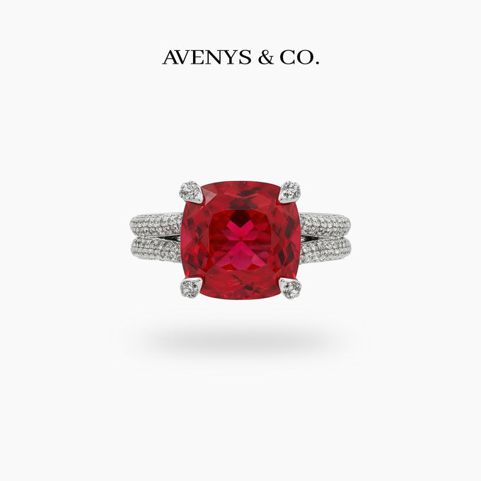 Double Shank Cocktail Ring with Red Cushion Garnet – on White Gold