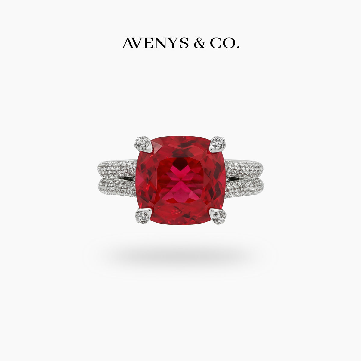 Double Shank Cocktail Ring with Red Cushion Garnet – on White Gold