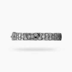 Honeycomb Wide Bracelet with White Round Stone – on White Gold