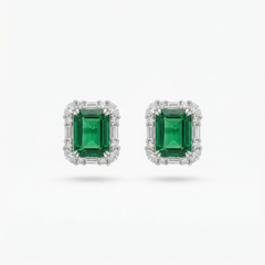 Eden Frame Earrings with Green Radiant Stone – on White Gold