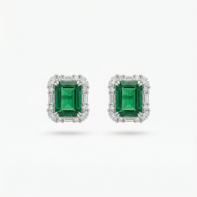 Eden Frame Earrings with Green Radiant Stone – on White Gold