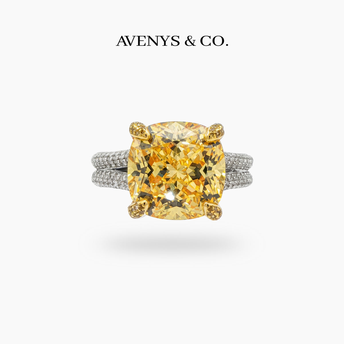 Double Shank Cocktail Ring with Yellow Cushion Stone – on White Gold