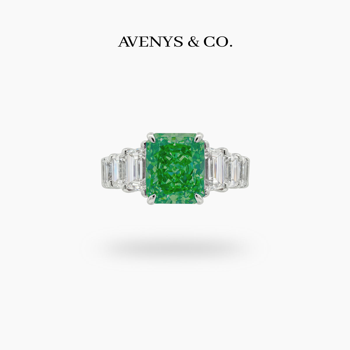 Princess Eternity Ring with Green Radiant Stone – on White Gold