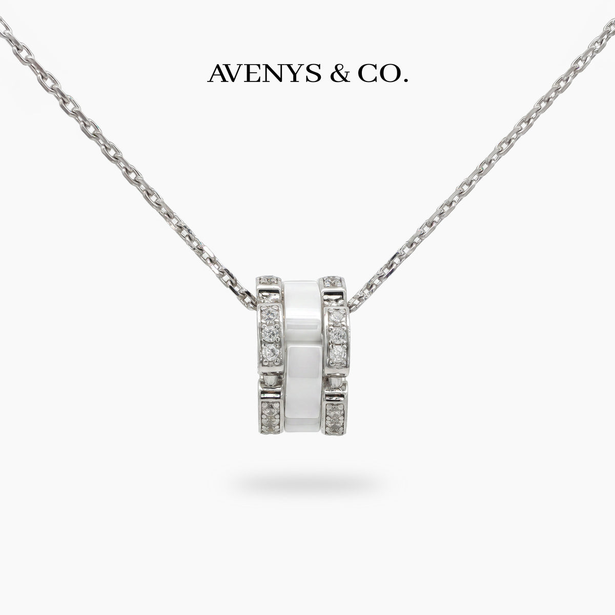 Connected Necklace with White Round Stone – on White Gold