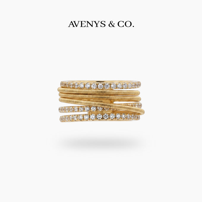 Crossline Wide Pave Ring with White Round Stone – on Yellow Gold