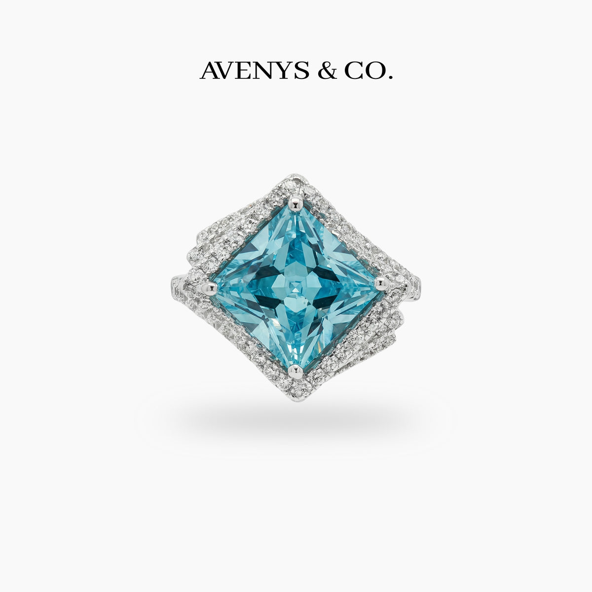 Side Radiant Ring with Aquamarine Radiant Stone – on White Gold