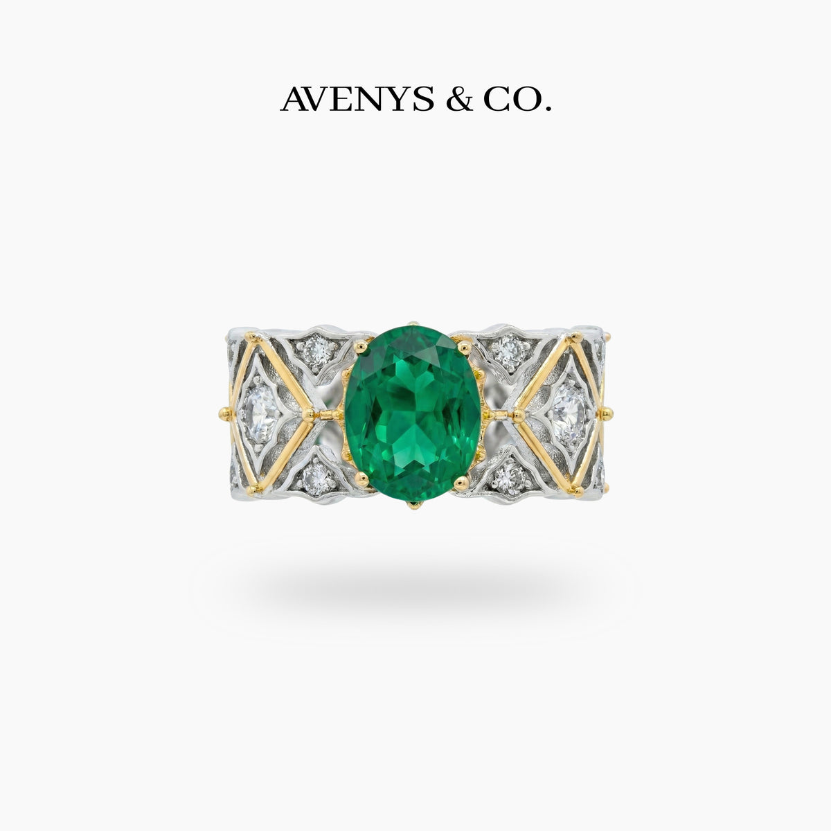 Arabesque Wide Ring with Green Oval Stone – on White Gold