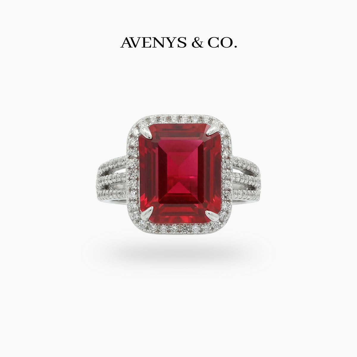 Triple Shank Radiant Ring with Red Radiant Stone – on White Gold