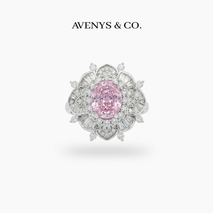 Bloom Burst Ring with Pink Oval Stone – on White Gold