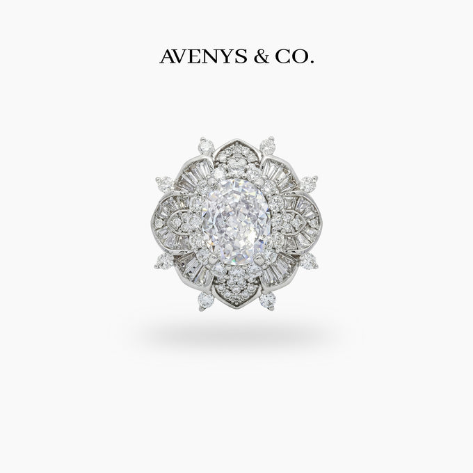 Bloom Burst Ring with White Oval Stone – on White Gold