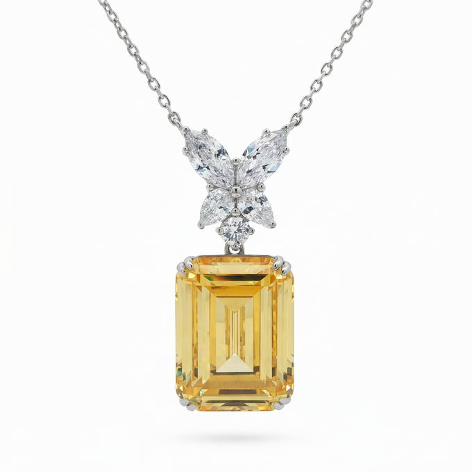 Emerald Necklace  with Yellow Emerald Stone – on White Gold