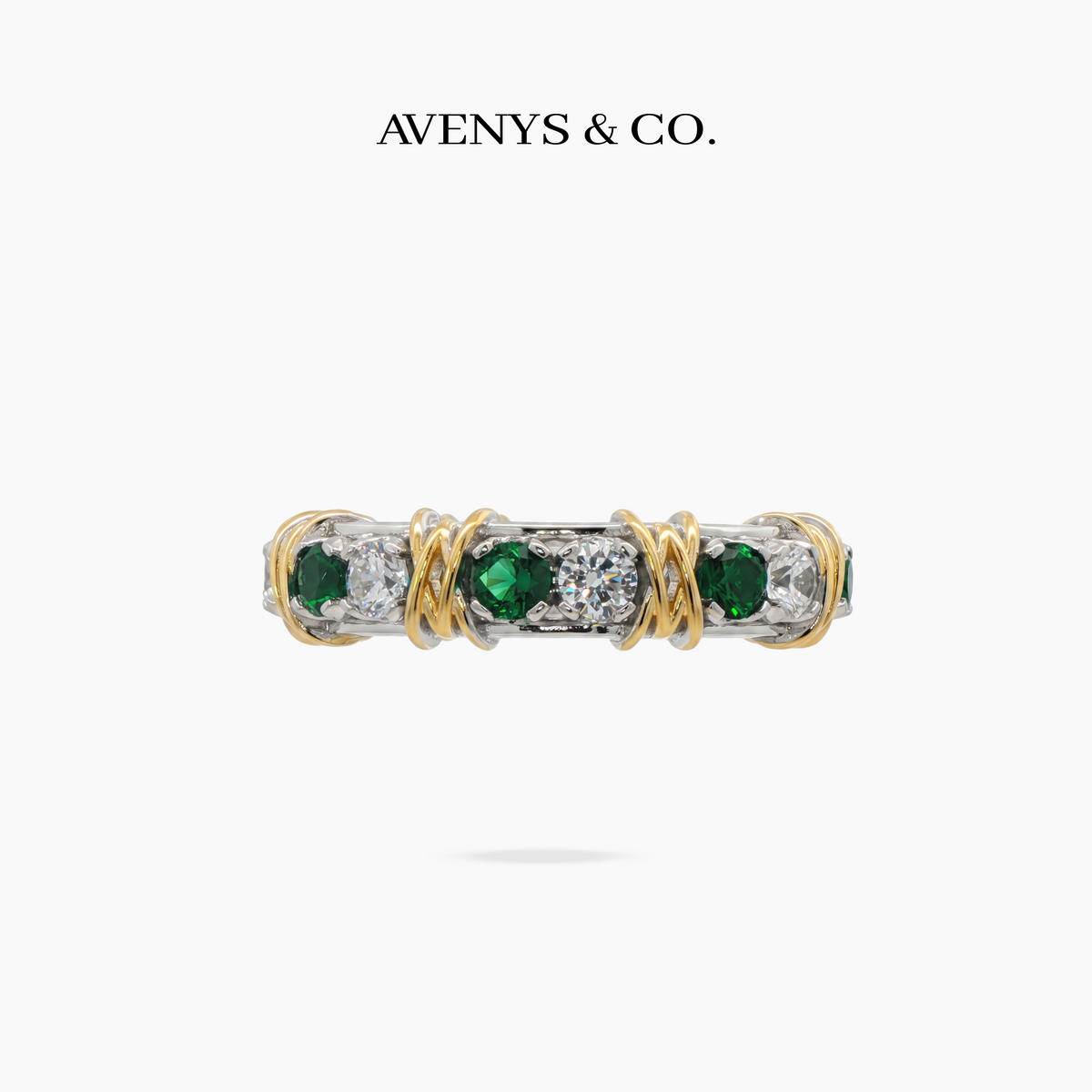 AV Signature Ring Womens with Green Round Stone – on White Gold