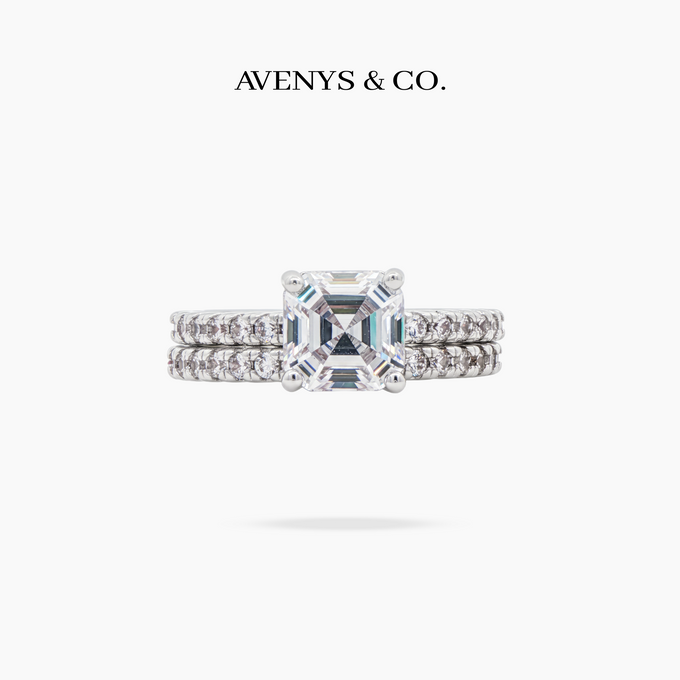 AV Dua™ Asscher Ring Set with White Asscher Stone – on White Gold