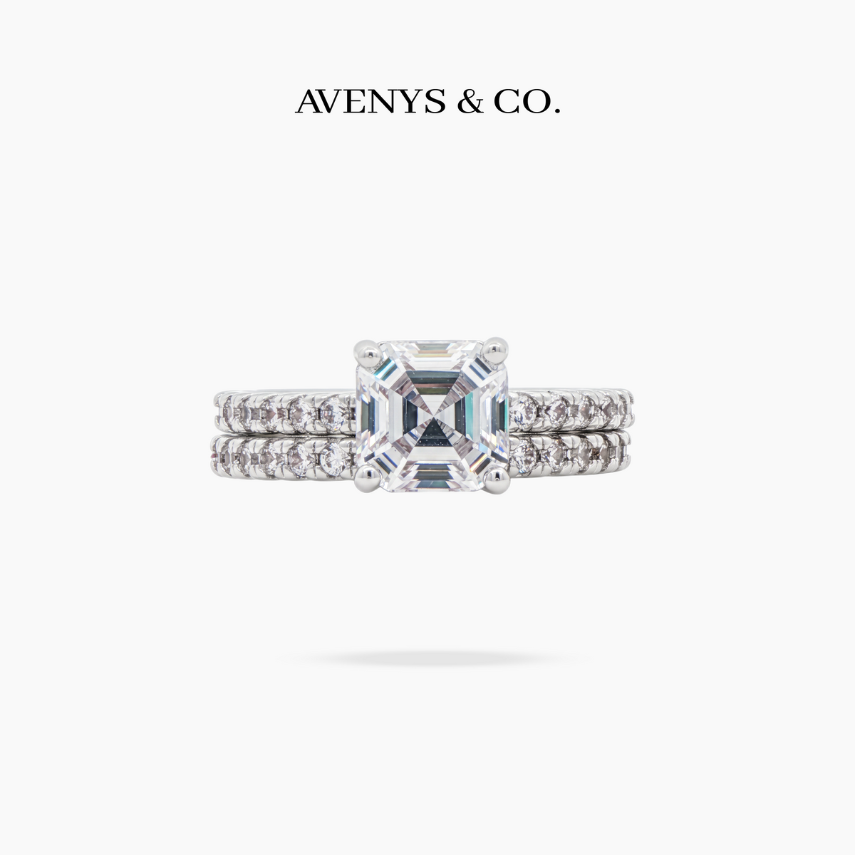 AV Dua™ Asscher Ring Set with White Asscher Stone – on White Gold