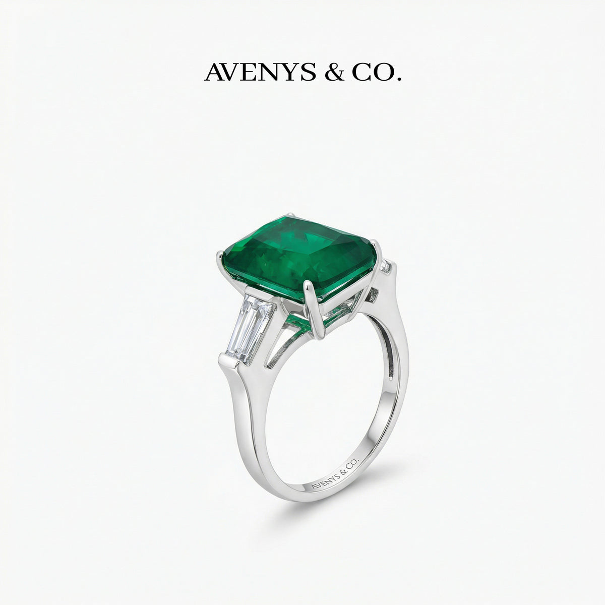 Emerald Trilogy Ring with Green Emerald Stone – on White Gold