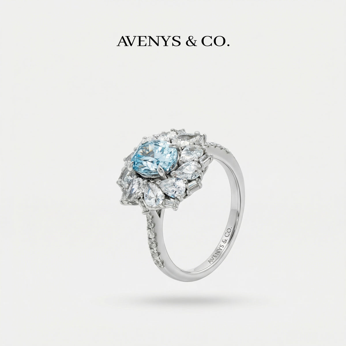 Bloom Halo Ring with Blue Oval Stone – on White Gold