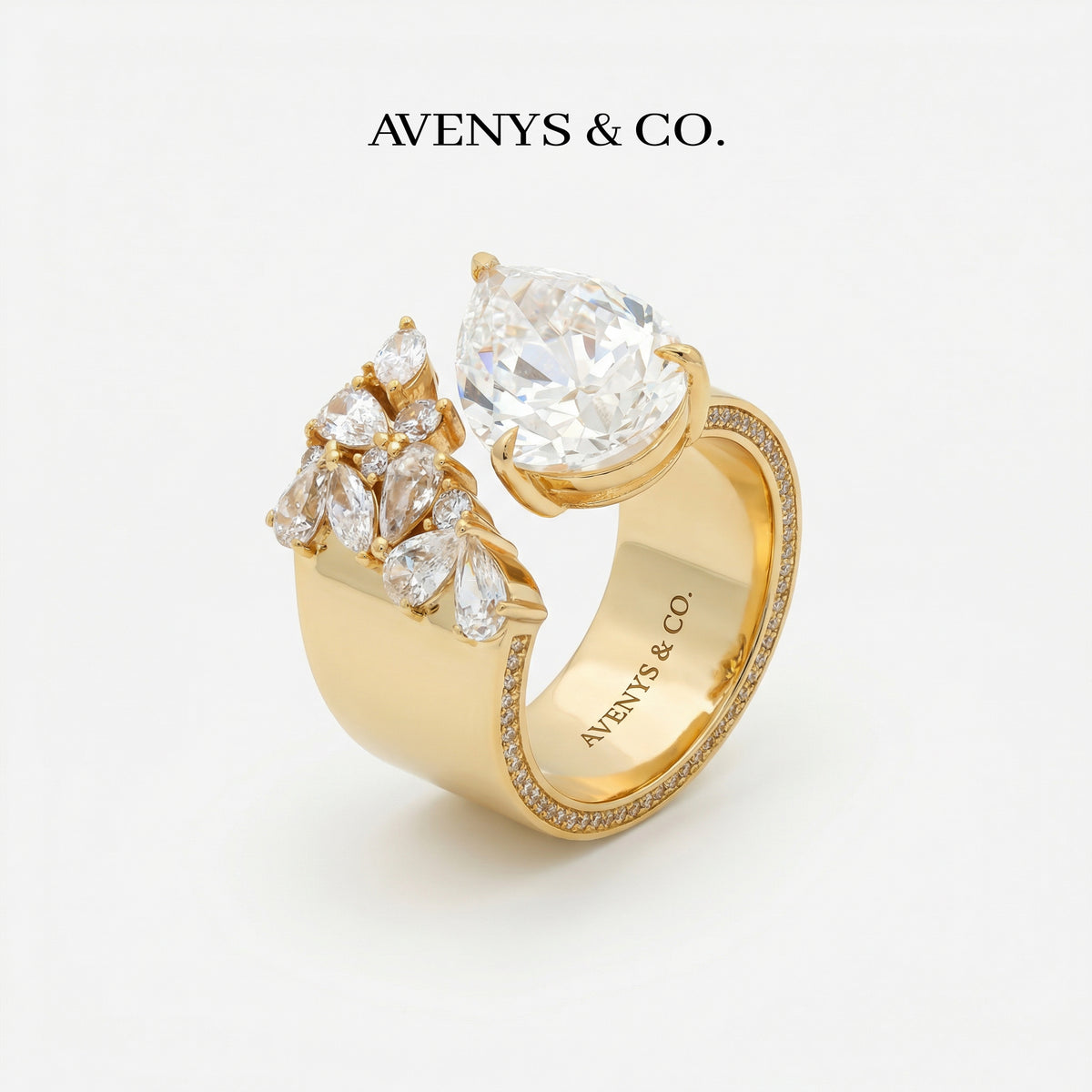 Valence Wide Cuff Ring with White Pear Stone – on Yellow Gold