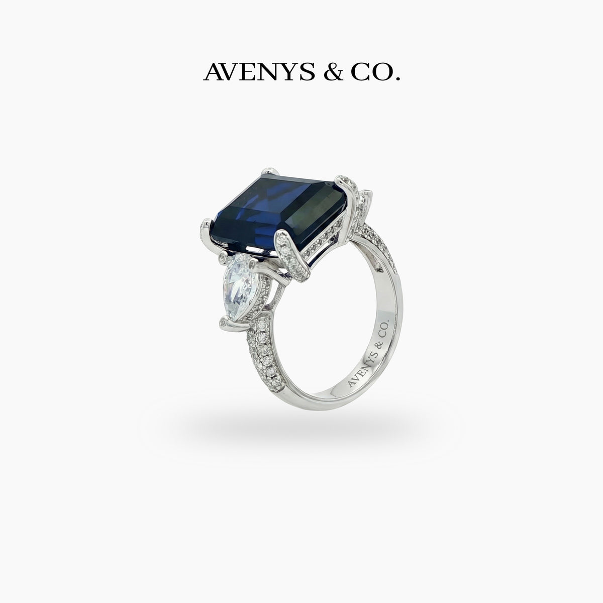 Emerald Pear Trilogy Ring with Blue Emerald Stone – on White Gold