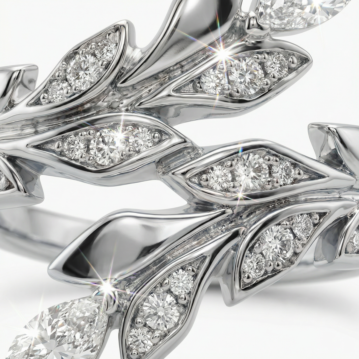 Leaf Ring with White Round Stone – on White Gold