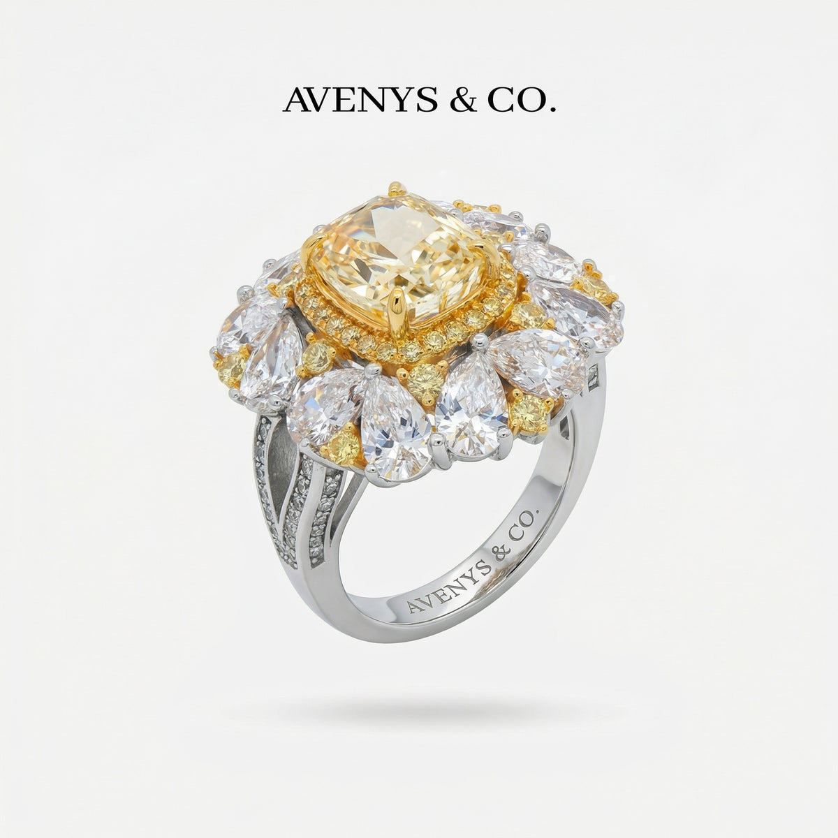 Royal Flower Halo Ring with Yellow Cushion Stone – on White Gold