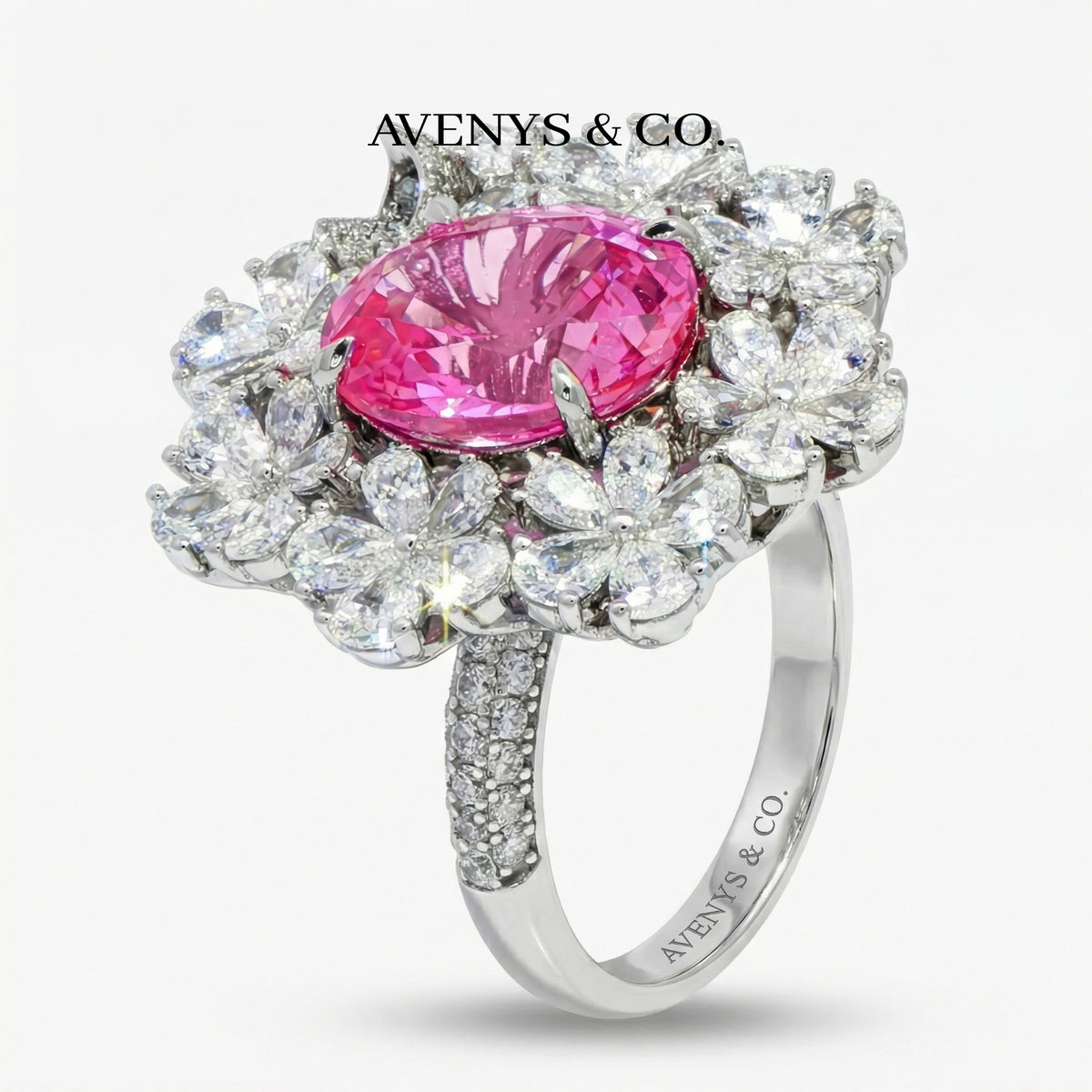 Flower Halo Ring with Pink Oval Stone – on White Gold