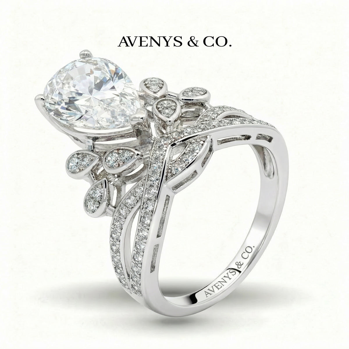 Crown Flower Ring with White Pear Stone – on White Gold