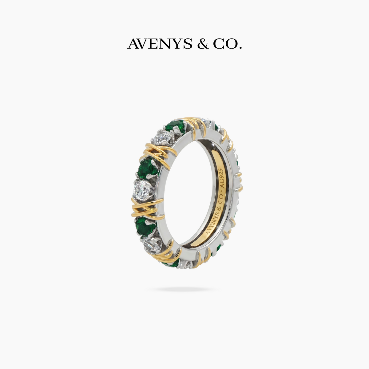 AV Signature Ring Womens with Green Round Stone – on White Gold