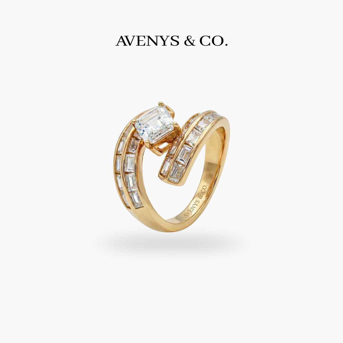 Bypass Baguette Ring with White Asscher Stone – on Yellow Gold
