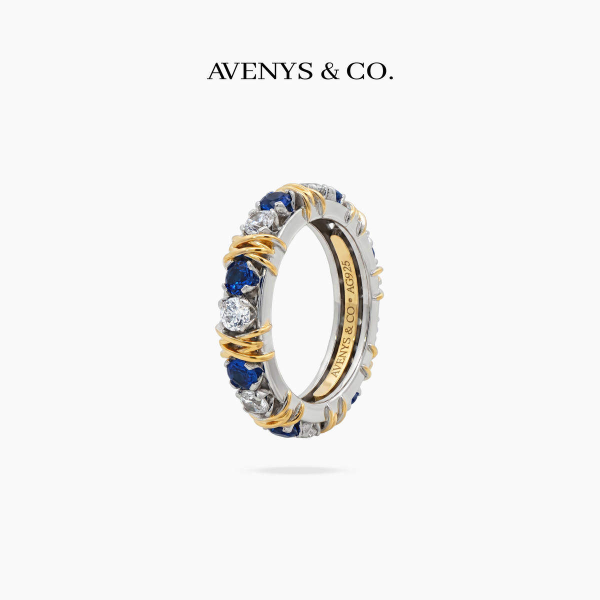 AV Signature Ring Womens with Blue Round Stone – on White Gold