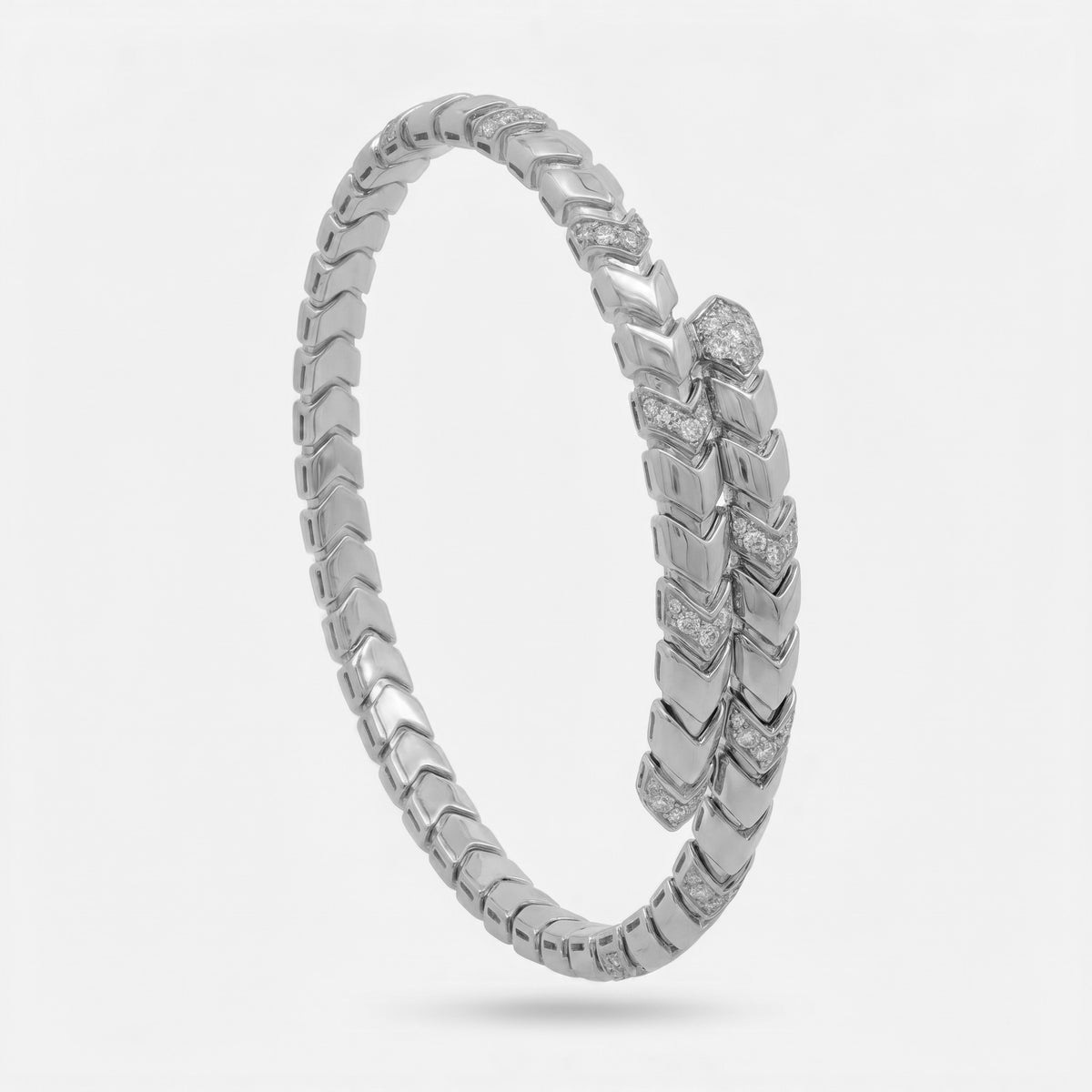 Chevron  Bangle with White Round Stone – on White Gold