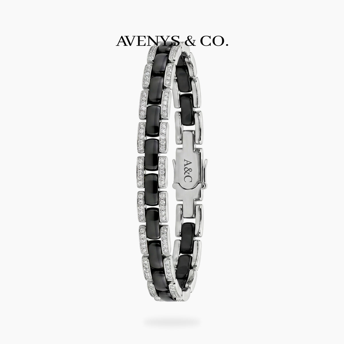 Connected Bracelet with Black Round Stone – on White Gold