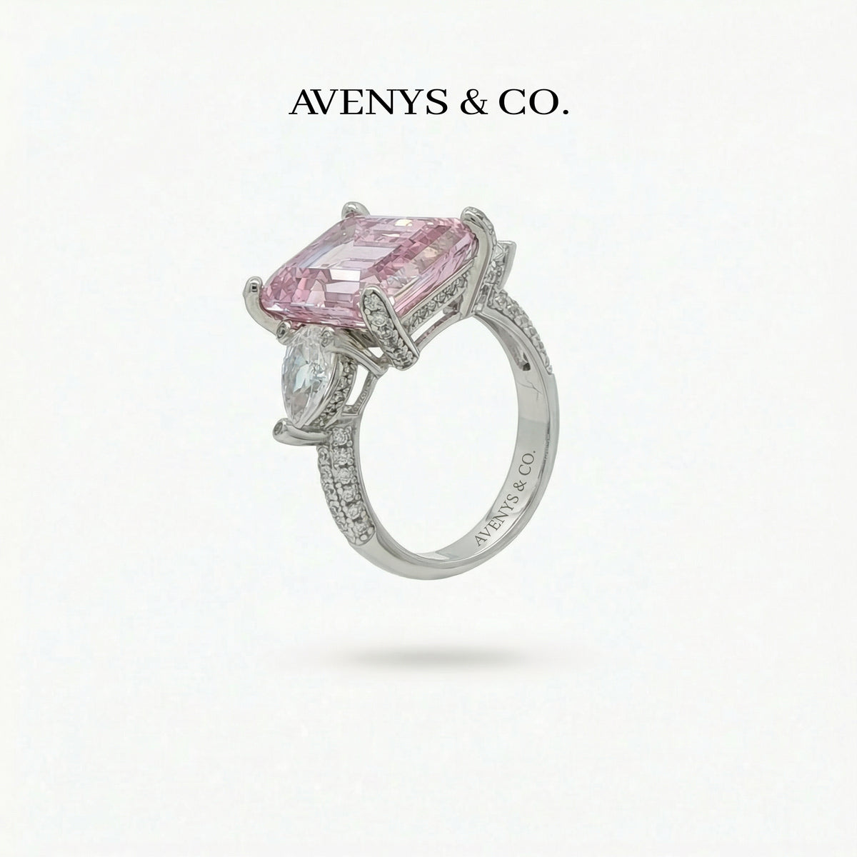 Emerald Pear Trilogy Ring with Pink Emerald Stone – on White Gold