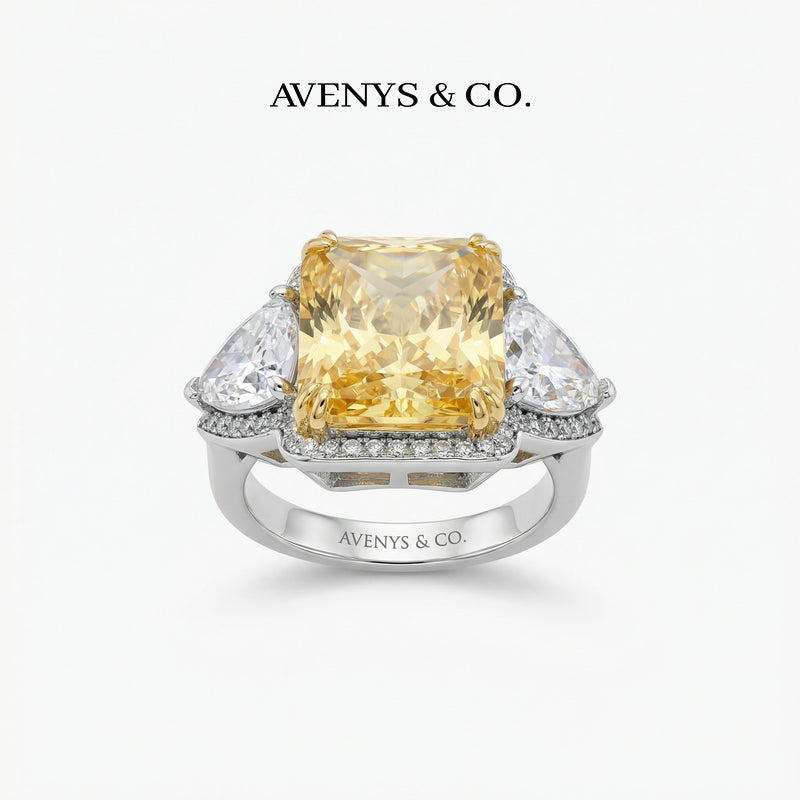 Queens Radiant Ring with Yellow Radiant Stone – on White Gold