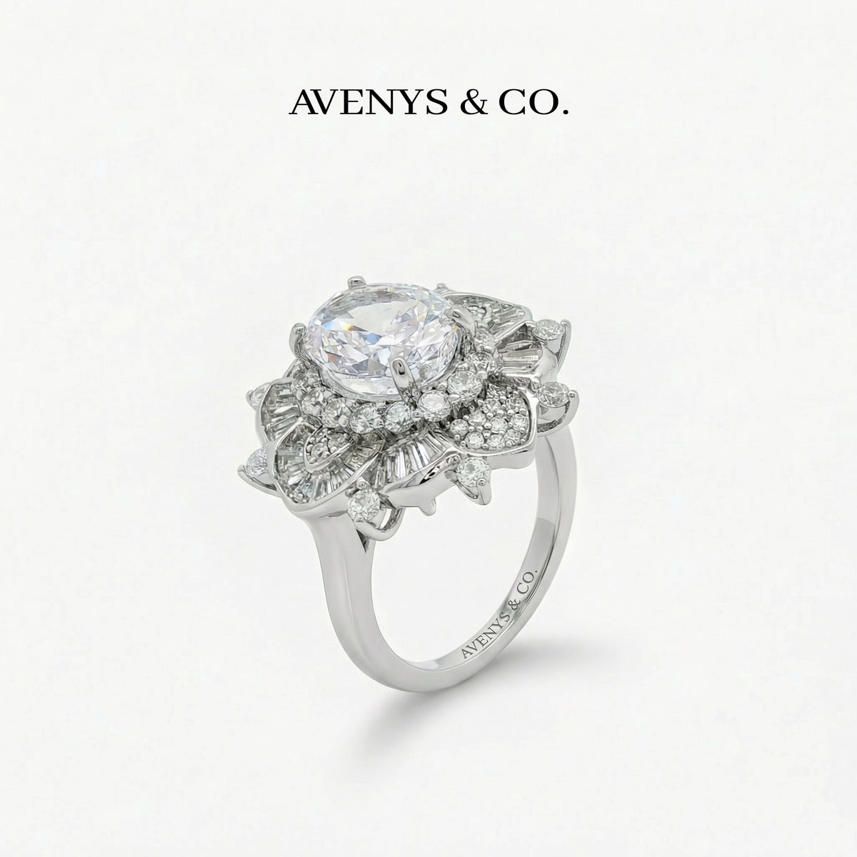 Bloom Burst Ring with White Oval Stone – on White Gold