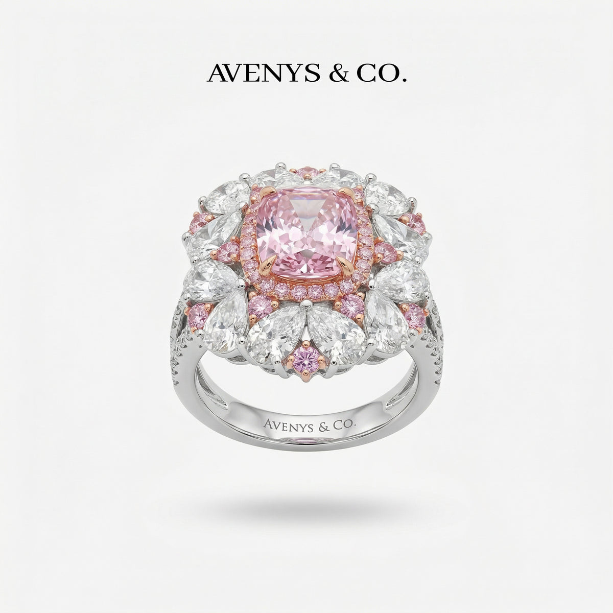 Royal Flower Halo Ring with Pink Cushion Stone – on White Gold
