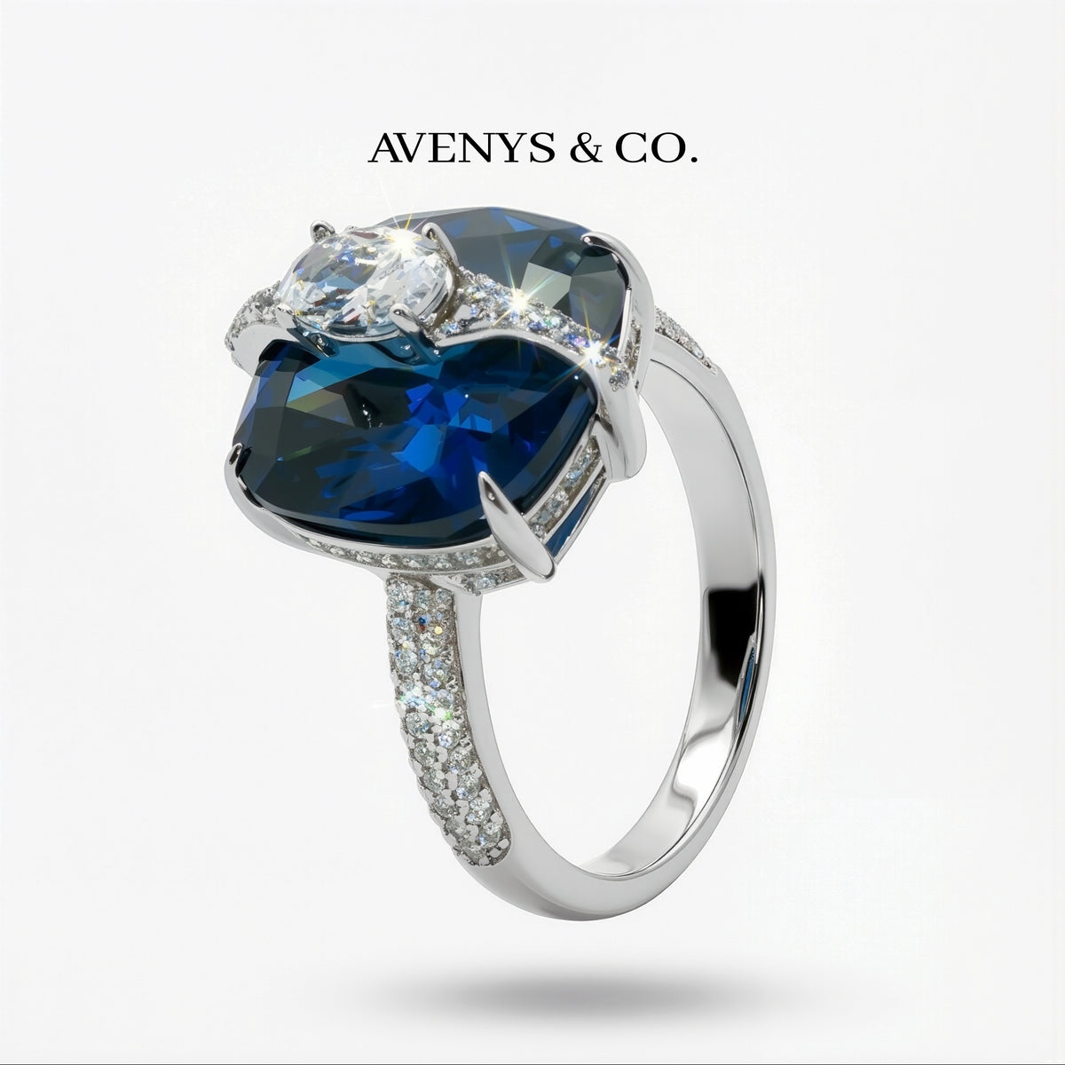 Embrace Pave Ring with Blue Cushion Stone – on White Gold