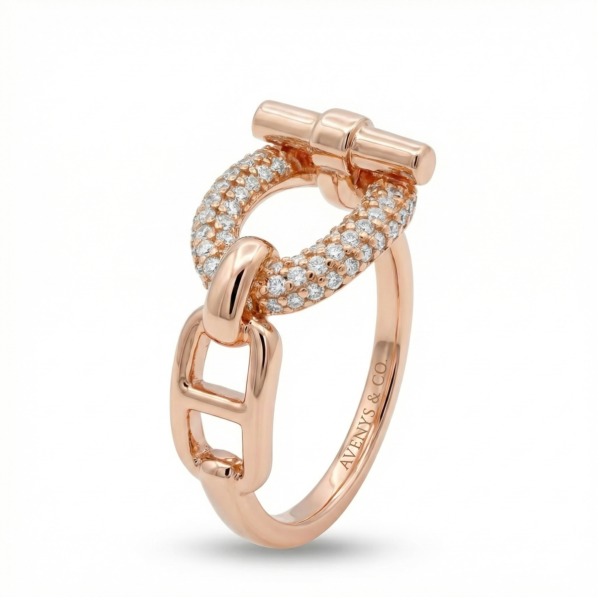 Buckle Pave Ring with White Round Stone – on Yellow Gold