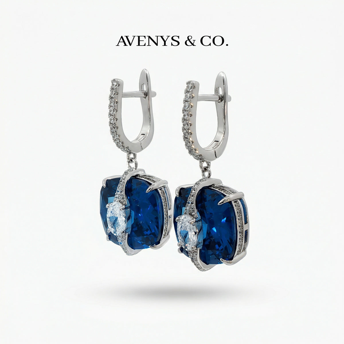 Embrace Pave Earrings with Blue Cushion Stone – on White Gold
