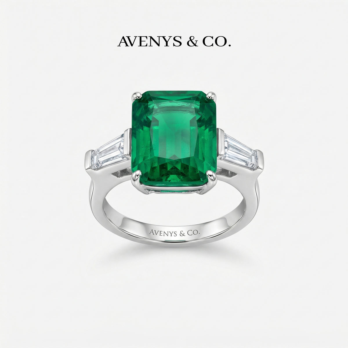 Radiant Trilogy Ring with Green Radiant Stone – on White Gold